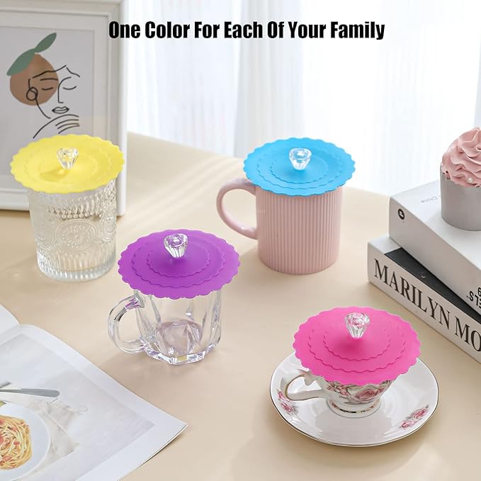 Silicone Cup Covers (Set of 4) ， Multicolored Silicone Lids for Mugs, Cups, Tea Pots,Flexible Mug Covers，Hot Cup Lids for Coffee & Tea