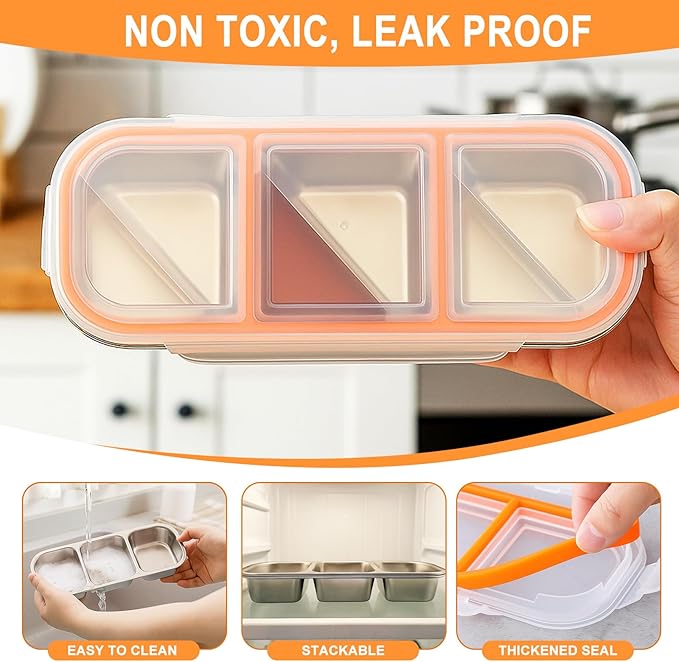 2Pack Stainless Steel Snack Containers for Kids & Adults, Reusable 3 Compartment Snack Containers with Lids, Leak Proof Metal Lunch Box, Stackable bento Box for Home, School and Travel