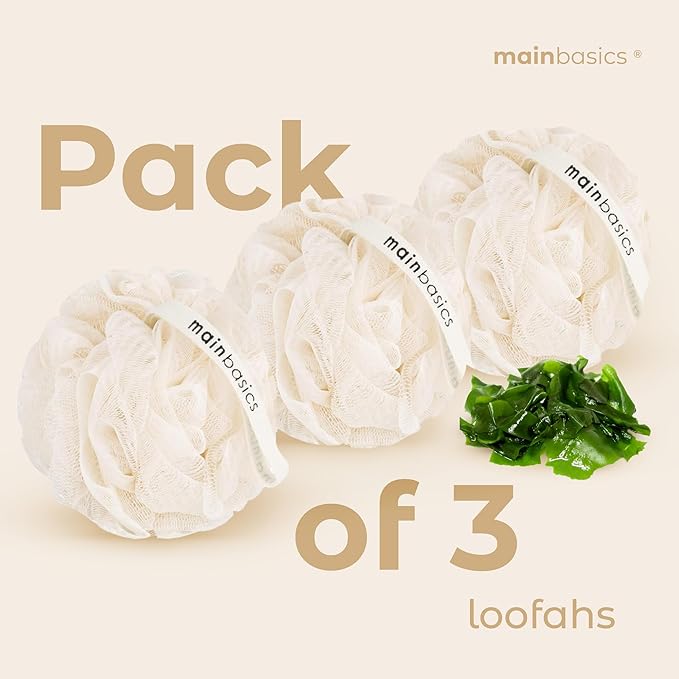 MainBasics Seaweed Infused Bath Shower Loofah Sponge Pouf Body Wash Scrubber (Set of 3)