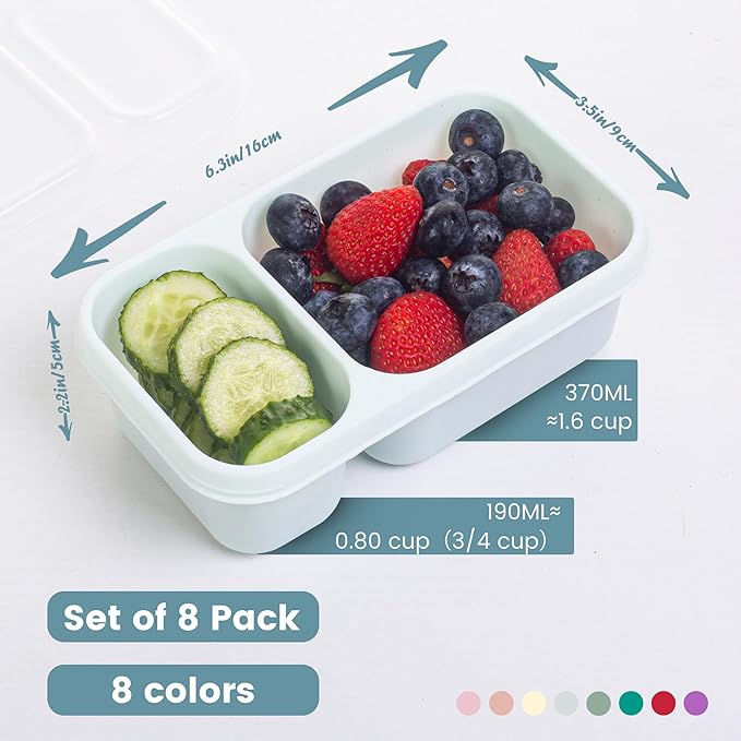 8 Pack Wheat Straw Snack Containers with Lids, 2-Compartment Reusable Bento Boxes for Meal Prep, Travel, Camping, and On-the-Go Snacks, Leak-Proof & Dishwasher Safe (8 Colors)