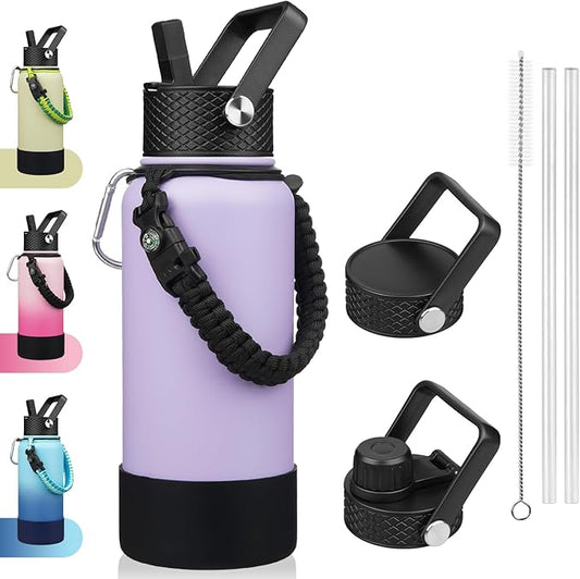 BJPKPK 32oz Insulated Water Bottles with 3 Lids, Paracord Handle & Non-slip Boot, Stainless Steel Metal Water Bottle,Reusable BPA Free Thermal Flasks, Tumblers, Lavender