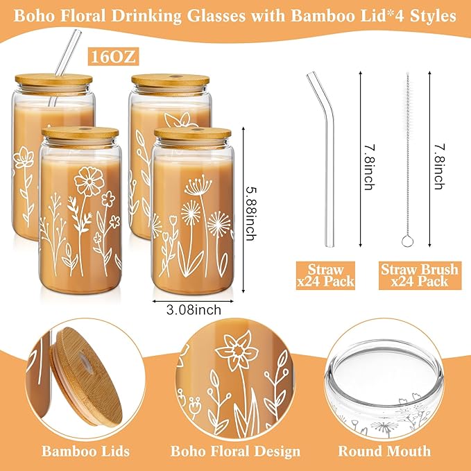 Mumufy 24 Pack Gift for Women Cute Glass Cup Tumbler Flower Iced Coffee Mugs 16 oz Glass with Bamboo Lid & Straw, Mothers Day Birthday Gift for Mom Sister Bridesmaid Baby Shower (Boho Floral)