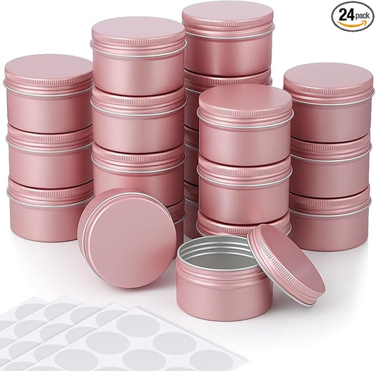 Patelai Rose Gold Christmas Aluminum Tin Cans 24 Pcs 4 oz Round Metal Tin Jar Containers Refillable Aluminum Storage Cans with Screw Lid and 10 Sheets Label Sticker for Salve Spice Candy Candle