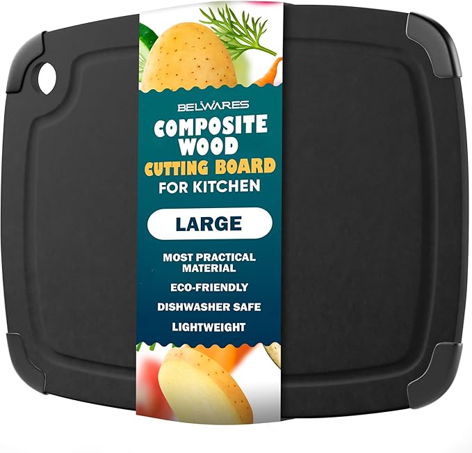 Dishwasher Safe Cutting Boards for Kitchen - Large Composite Wood Cutting Board with Non-Slip Feet & Juice Groove - Thin & Lightweight Eco-Friendly Chopping Board (14.5 x 11.25 Inch, Slate Black)