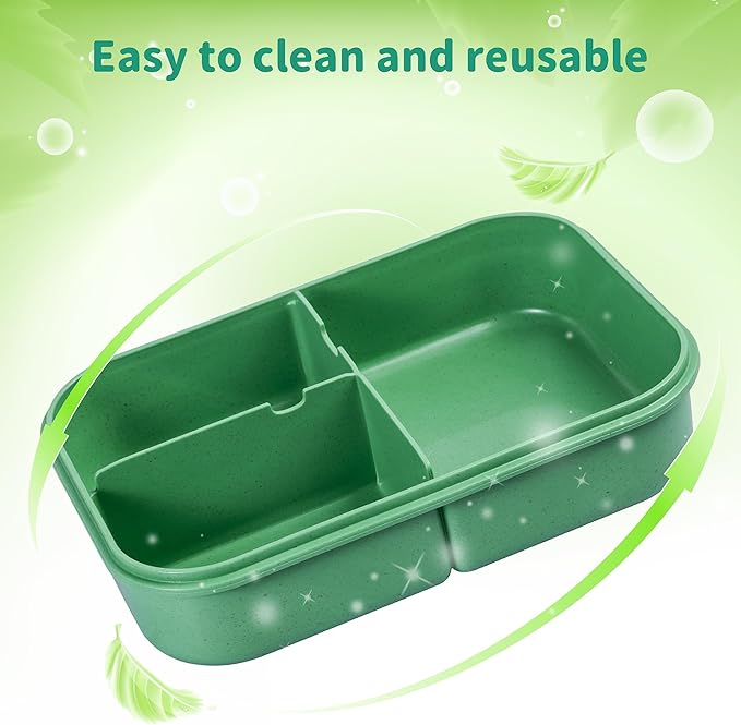 Wheat Straw Lunch Box - Leakproof Bento Box for Kids & Adults, BPA-Free 3-Compartment Food Containers, Microwave & Dishwasher Safe (Green, 5.5 Cup)