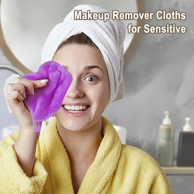 KODAMO Makeup Remover Cloth, Reusable Makeup Remover Pads Washable Travel Bag, Microfiber Makeup Removal Face Wash Cloths with Just Water, 12 Pack/Violet