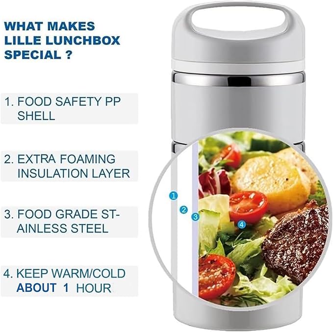Lille Home Stackable Stainless Steel Thermal Compartment Lunch/Snack Box, 3-Tier Insulated Bento/Food Container with Lunch Bag, Utensils Set and Three Extra Seals, 43OZ (Gray)