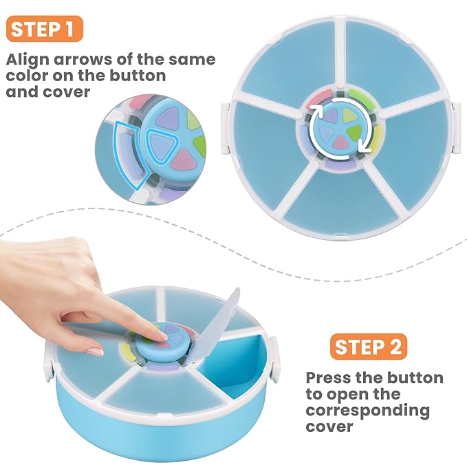Snack Rotator Container Reusable Snack Box with 5 Compartment Dispenser and Lid, Color Matching Opening Lid, BPA and PVC Free, for Home, School, Travel (2 Pack- Blue)