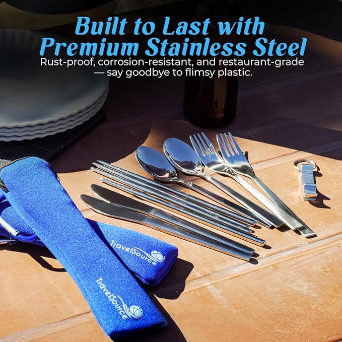 Travel Utensils With Case - Metal Camping Silverware Cutlery Set - Reusable & Portable Fork Knife Spoon Flatware & Chopsticks For Lunch Box, Backpacking (2 Cases)