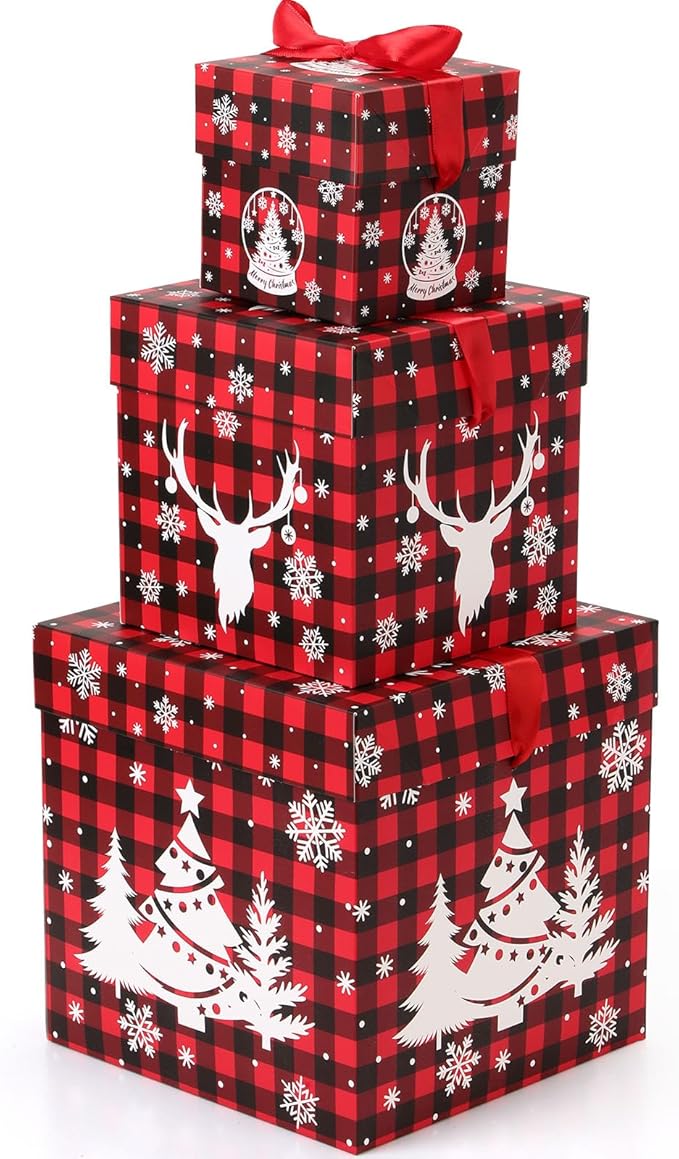 3 Pcs Christmas Nesting Gift Boxes Buffalo Plaid Xmas Stackable Boxes Black Red Decorative Xmas Nested Present Boxes with Lids and Ribbon for New Year Birthday Party Gift(Elk)