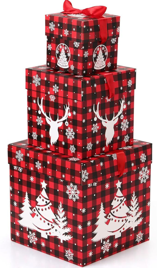 3 Pcs Christmas Nesting Gift Boxes Buffalo Plaid Xmas Stackable Boxes Black Red Decorative Xmas Nested Present Boxes with Lids and Ribbon for New Year Birthday Party Gift(Elk)