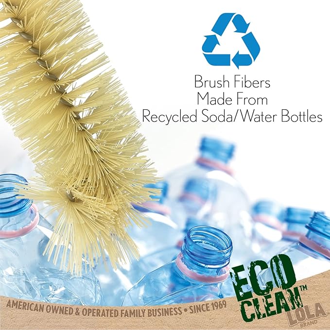 LOLA Bamboo Bottle Brush, 6 Pack, Ergonomic Durable Bamboo Handle, Non Scratch, Easy Storage, Bristles Made from Recycled Soda/Water Bottles