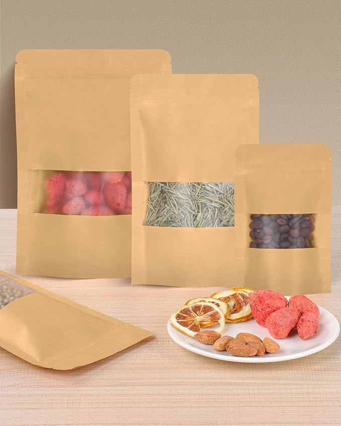 100pcs Kraft Bags with Window 7.1x10 Inches Brown Reusable Sealable Zip Lock Food Storage Stand up Paper Pouches for Home or Business