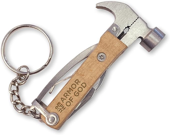 5-in-1 Hammer Keychain Multi-Tool - Laser-Engraved Armor of God, Eph 6:11 Scripture - Multitool Keychain Pliers with Opener, Nail Pry & More - Christian Pocket Tools For Men