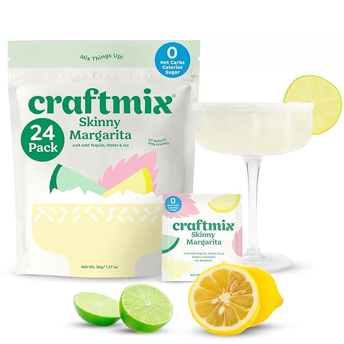 Craftmix Skinny Margarita Cocktail & Mocktail Drink Mixer, Skinny Mixes - Water Flavoring Packets - Made With Real Fruit - Vegan, No-Carb, No-Sugar, Non-GMO, Dairy Free, Gluten Free, 24 Pack