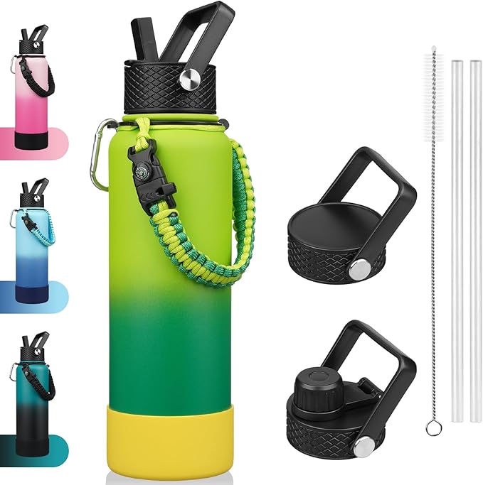 BJPKPK Insulated Water Bottle with Straw Lid, 40oz Large Thermal Flasks with 3 Lids, Paracord Handle & Non-slip Boot, BPA Free Leak Proof Stainless Steel Metal Water Bottles, Tumblers, Bamboo Grove