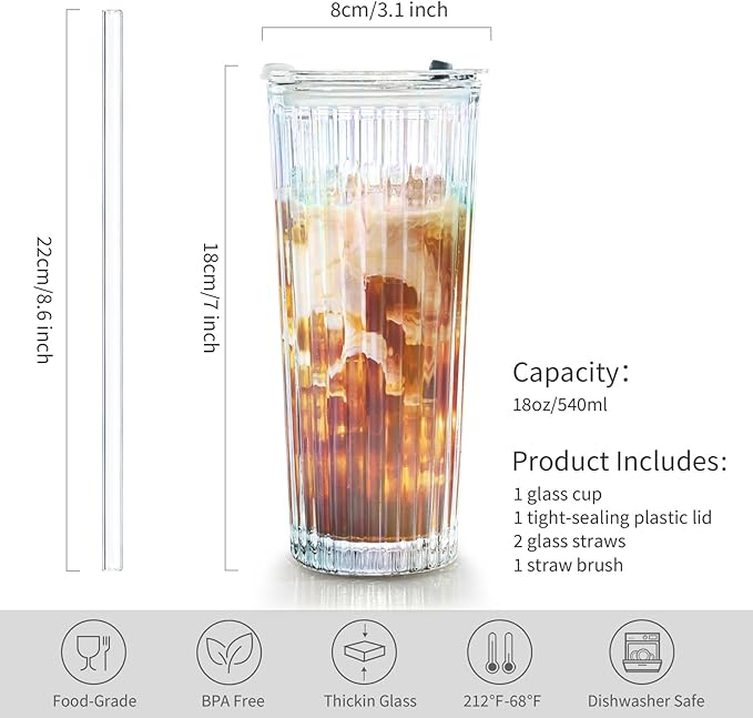 Puraville 18oz Glass Cup with Lid and Straw, Vintage Ribbed Striped Thickened Glassware for Whiskey Cocktail Beer, Mason Jar Drinking Glasses Tumbler Iced Coffee Cup, Rainbow