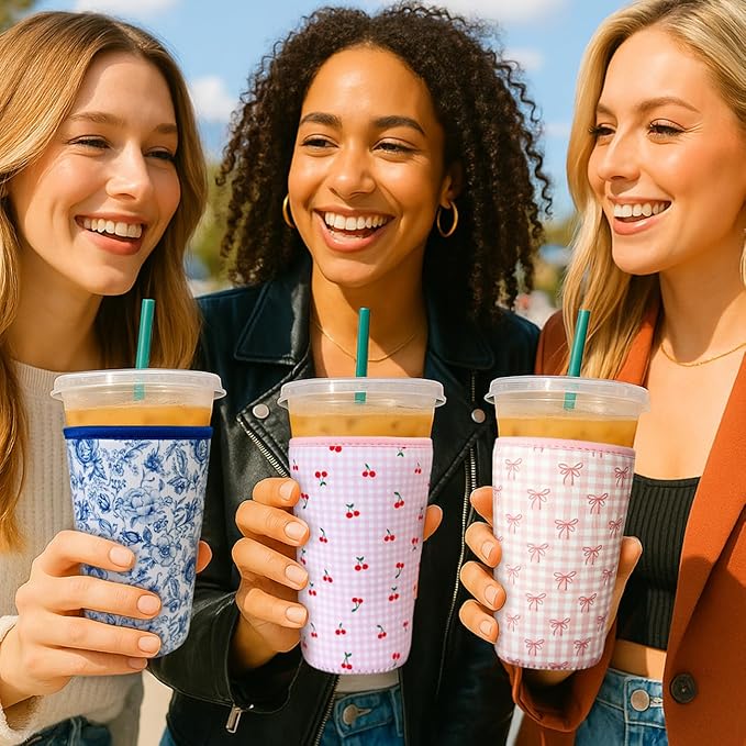 Reusable Insulated Neoprene Iced Coffee Cup Sleeve, Durable Drink Sleeve for Cold Beverages, Beverage Holder for Iced Coffee, Lovely Bows