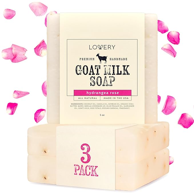 LOVERY (3-Pack Goat Milk Soap Handmade Made in USA with Organic Shea Butter - Hydrangea Rose Goats Soap Bar - All Natural Soap Bar Made with Organic Goat Milk