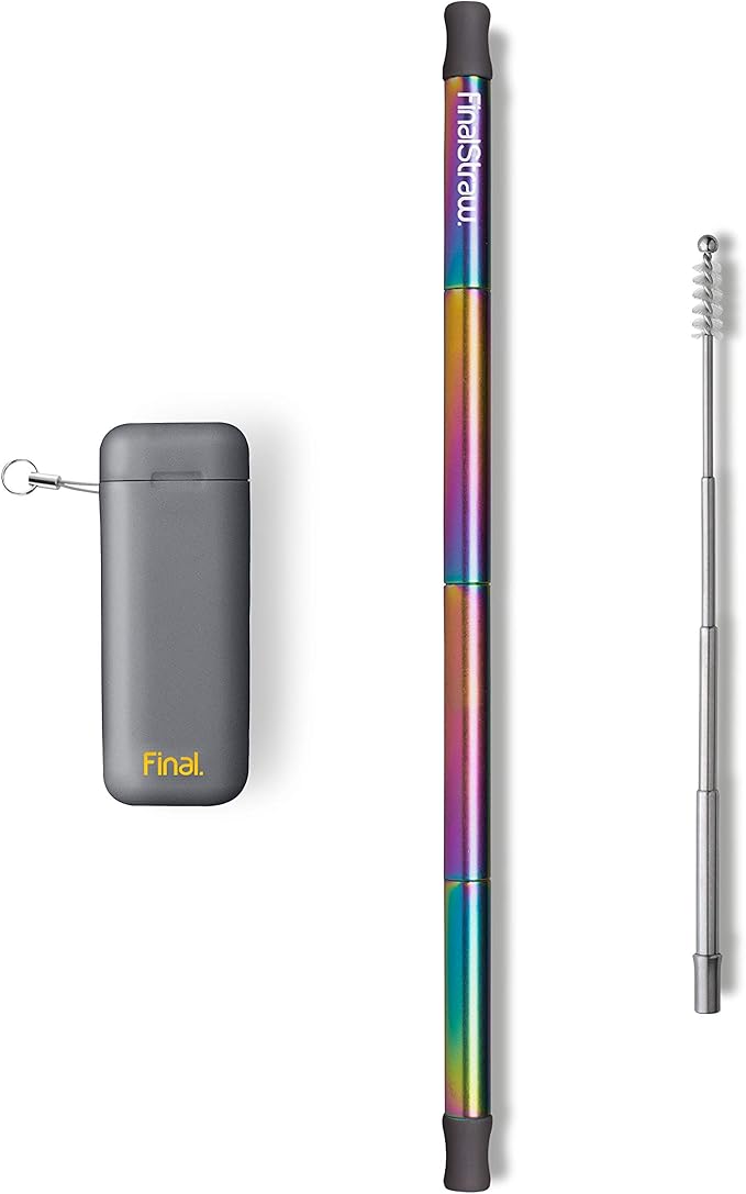 FinalStraw Collapsible, Reusable, Metal Straw | Travel Case, Cleaning Tool | Easy to Clean | Stainless Steel and 100% Silicon Tips | Eco-Friendly | Shark-butt Grey Case, Rainbow Stainless Steel