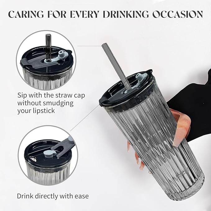 Puraville 18oz Glass Cup with Lid and Straw, Vintage Ribbed Striped Thickened Glassware for Whiskey Cocktail Beer, Mason Jar Drinking Glasses Tumbler Iced Coffee Cup, Black