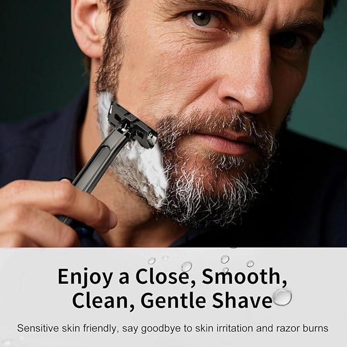 Razors for Men, Dual-Blade Safety Razor with Pivoting Head, Reusable Metal Shaving Razor, with 10 Double Edge Blades, Smooth Close Shave, Matte Black