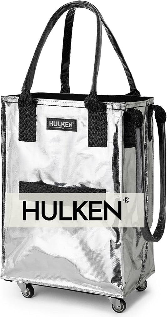 HULKEN (Small, Silver) Reusable Grocery Bag On Wheels, Shopping Trolley, Rolling Tote, Zipper Closure, Lightweight, Carries Up to 66 lb, Folds Flat