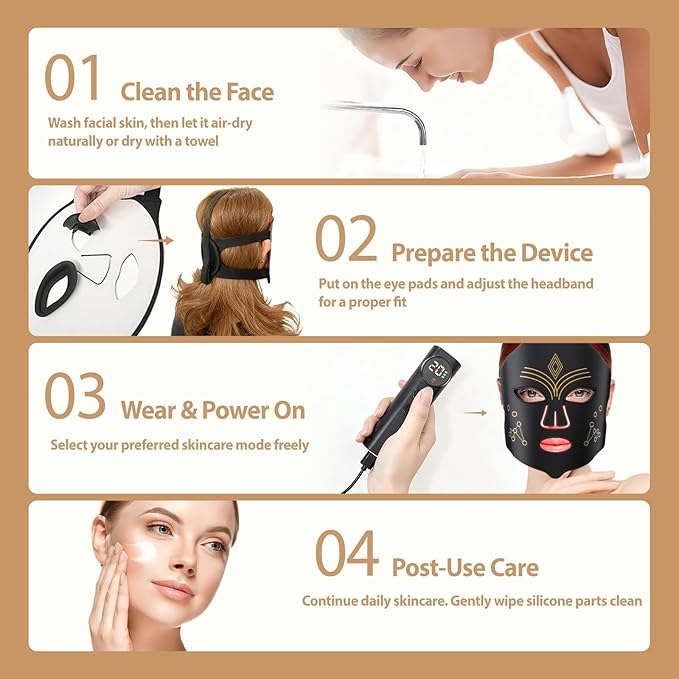 Red Light Mask for Face – LED Face Mask with 4 Modes, 3 Brightness & USB Charging, Adjustable Headband for Daily Home Skincare & Travel (Black)