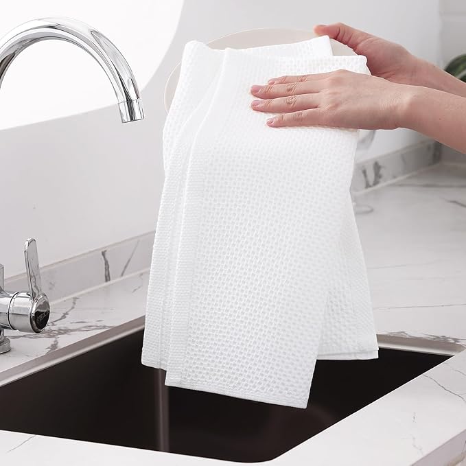 Homaxy 100% Cotton Waffle Weave Kitchen Dish Towels, Ultra Soft Absorbent Quick Drying Cleaning Towel, 20x28 Inches, 6-Pack, White