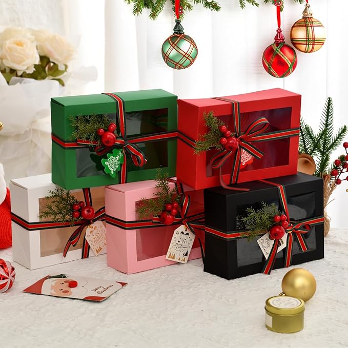 12 Pack Christmas Gift Boxes with Clear Window, Red Christmas Gift Boxes with Ribbon, Pine Sprigs & Berry Decorations for Holiday Wrapping, 8.7x5.9x2.8 Inch (RED)