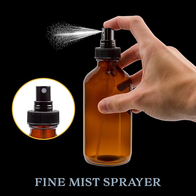 Cornucopia Brands 8-Ounce Amber Glass Fine Mist Spray Bottles (Pack of 4) Boston Round w/Atomizer Spritzers for Aromatherapy Perfume, Cologne, DIY & More