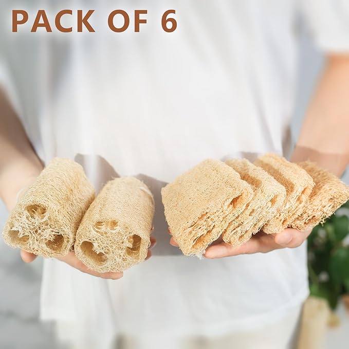 Natural Loofah 6-Pack, 4 Inch 100% Plant Fiber Exfoliating Sponge, Ideal for Men & Women, Spa & Shower Use