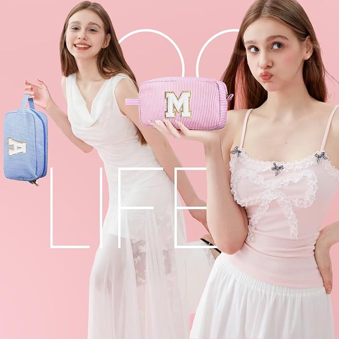 YOOLIFE Christmas Gifts for Women Teen Girls Kids Stocking Stuffers - Initial Makeup Bag Cosmetic Bag Toiletry Pouch, Personalized Birthday Gifts for Women Girls Mom Daughter Sister Friends, Pink M