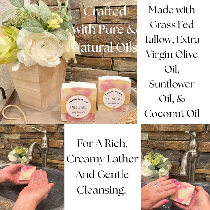 4 Pack Handmade Soap Bars With Natural Ingredients: Grass Fed Tallow, Olive/Sunflower, & Coconut Oil, For Everyday Use. Gift Set In Box.