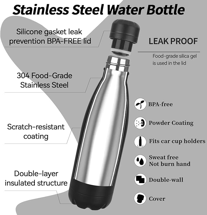 OWS 17oz Insulated Water Bottles Bulk 1/2/4 Pack, Metal Sports Water Bottles, Double Wall Vacuum BPA-Free Flask for School, Sports(black 1pc)