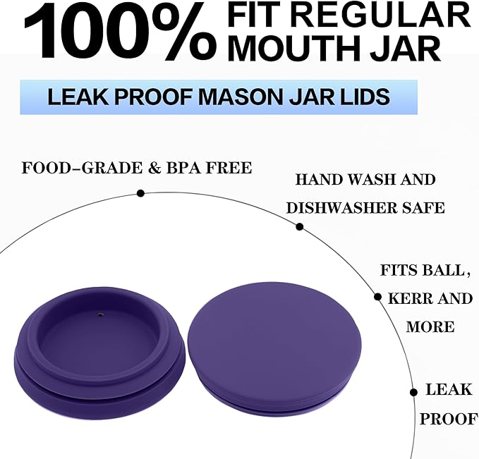 Regular Mouth Mason Jar Lids - Upgrade Canning Lids Fit for All Regular Mouth Mason Jars,Food Grade Silicone Mason Jar Caps,Dishwasher Safe,Leak Proof Reusable Lids,3 Pack (Violet-3 Pack)