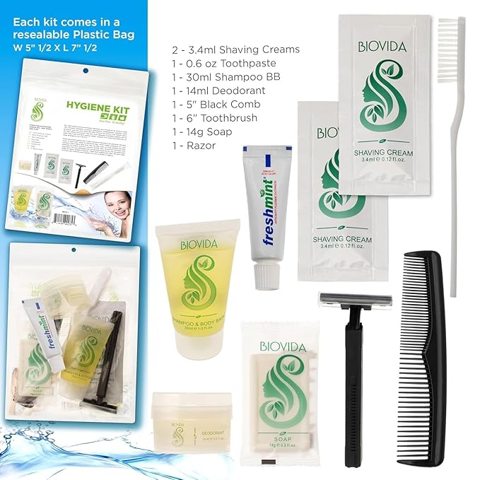 Moda West 96 Hygiene Kits - Bulk Case of Wholesale Basic Toiletry Kits for Men, Women, Travel, Charity 9 Pc Kit