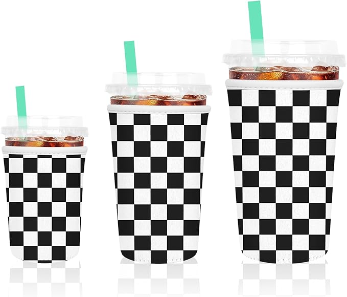 3 Pack Iced Coffee Sleeve, Reusable Insulated Neoprene Cup Sleeve for Cold & Hot Drinks Beverages, Cup Holder for 16-32oz Coffee Cups, Black Plaid