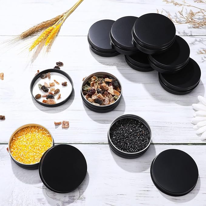 Patelai 64 Pieces Lip Balm Tin Containers Screw Top Round Tin Cans Aluminum Jar with Screw Lid, Empty Bottle Travel Cosmetic Sample Container for DIY(0.5 oz,Matte Black,)