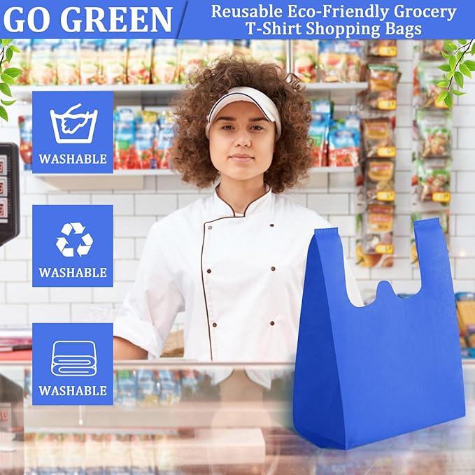 Windyun Reusable Grocery T Shirt Bags Bulk Small Non Woven Shopping Bag 10 x 18 x 5 Inch Foldable Tote with Handle Party Gift
