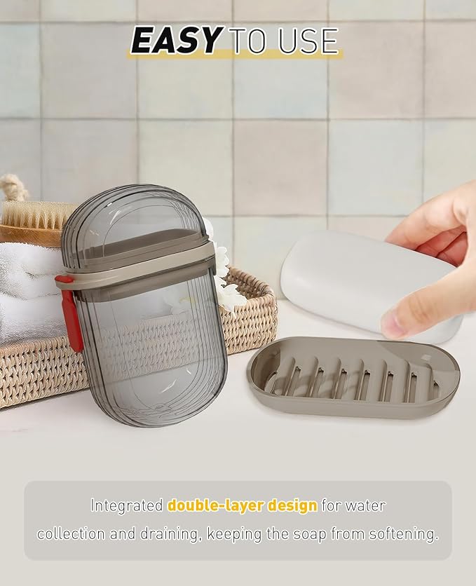2PCS Soap Sish Travel Case with Lid, Waterproof Leakproof Soap Saver Container with Draining Layer, Bar Soap Travel Case
