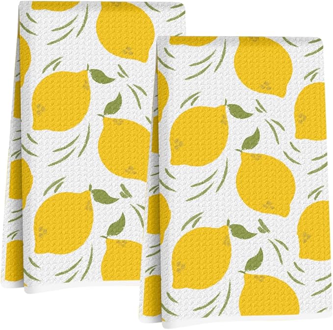 Jztco 2Pcs Lemon Kitchen Towels 24x14 Inch, Lemon Seamless Pattern Hand Towels for Kitchen Home Farmhouse Decor, Absorbent Microfiber Dish Cloth Tea Towel, Housewarming Gifts for Women