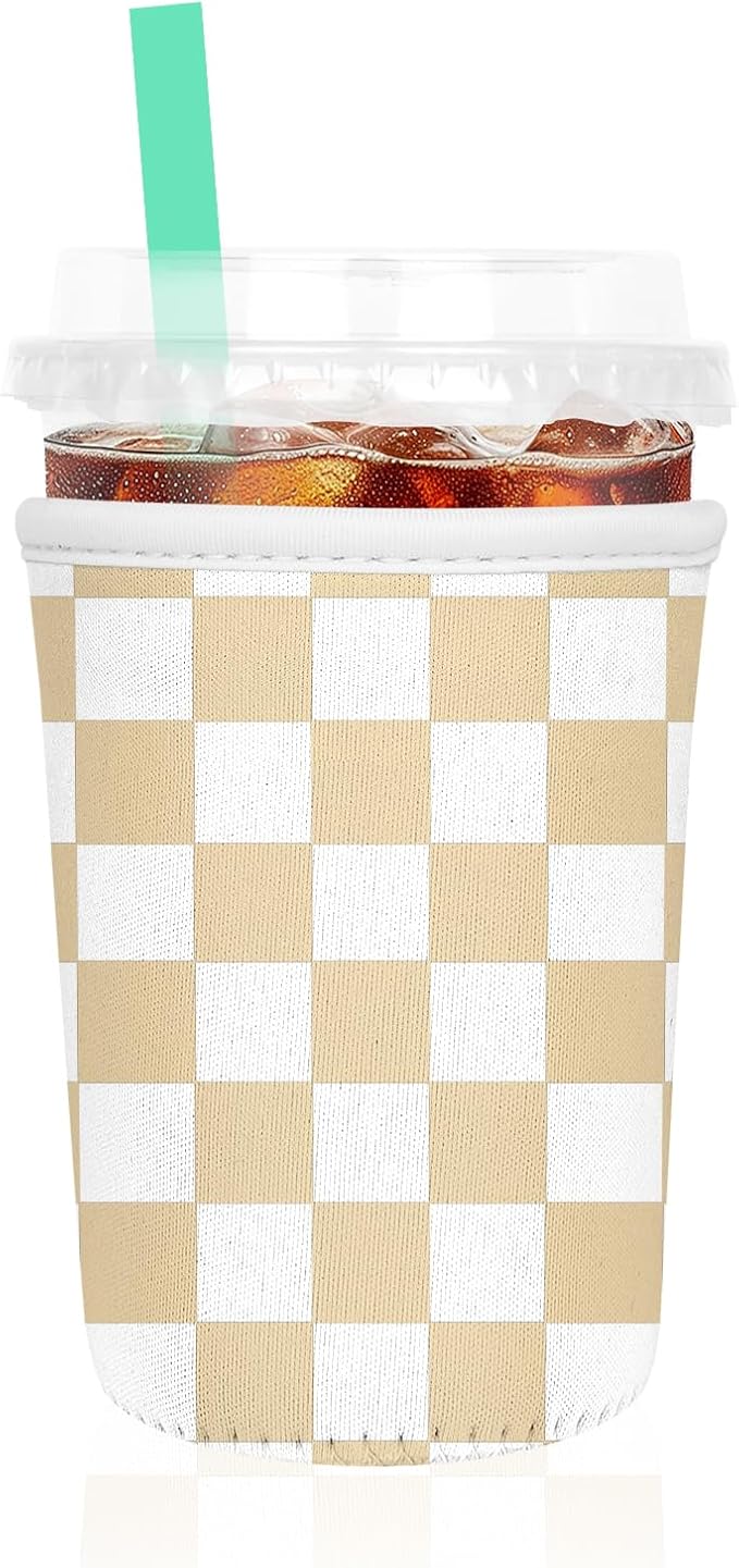 Iced Coffee Sleeve, Reusable Insulated Neoprene Cup Sleeve for Cold & Hot Drinks Beverages, Cup Holder for 16oz-18oz Coffee Cups, Orange Plaid