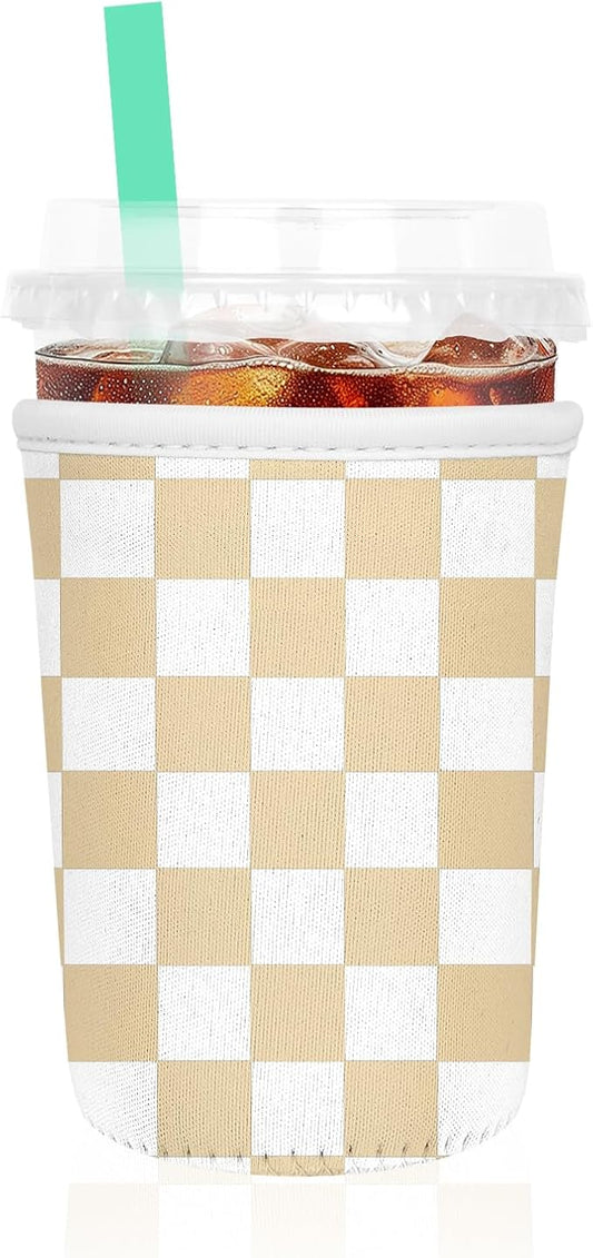 Iced Coffee Sleeve, Reusable Insulated Neoprene Cup Sleeve for Cold & Hot Drinks Beverages, Cup Holder for 16oz-18oz Coffee Cups, Orange Plaid