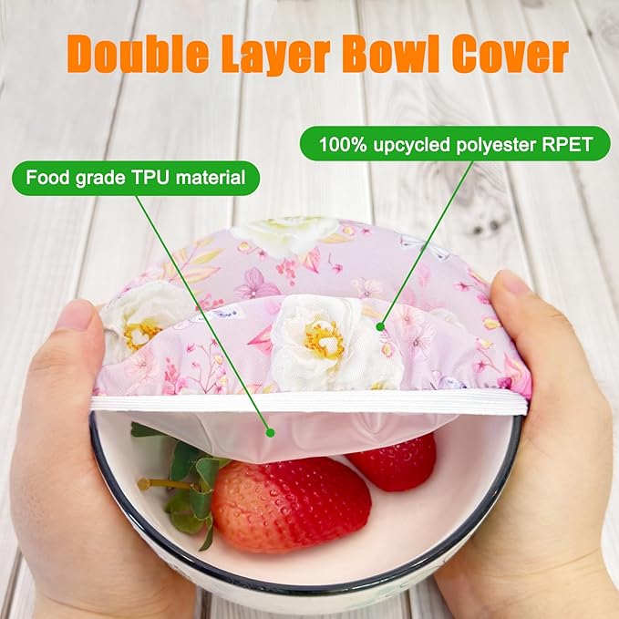 3 PCS Reusable Food Grade TPU Double Layer Bowl Lids,Food Cover Stretch Edging,Reusable Bowl Covers for Cup, Cans, Jars, Round & Rectangle Container