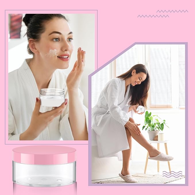 Dandat 24 Pcs 4 oz Plastic Jar Container with Lid and Label Refillable Empty Round Clear with Pink PET Cosmetic Sample Containers for Lotion, Cream, Ointments, Body Butter, Makeup, Travel Storage