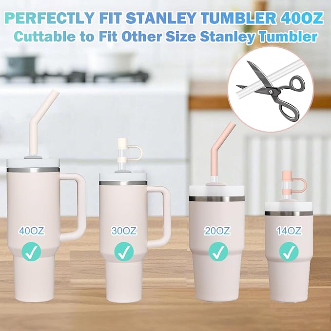 WK ieason 6pcs Reusable Straws for Stanley 40 oz 30 oz Cup and Tumbler, 12 Inch Long Plastic Replacement Straws with Silicone straw Tips, Straw Cover and Cleaning Brush As Stanley Cup Accessories