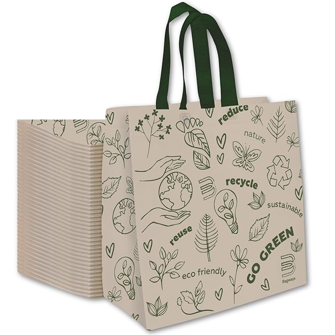 Bagways 50 PACK Reusable Grocery Totes with Handles, Durable, Foldable, Washable Eco-Friendly Shopping Tote Bags Bulk, 14x6.5x14 inches - Beige/Green Ecodoodles