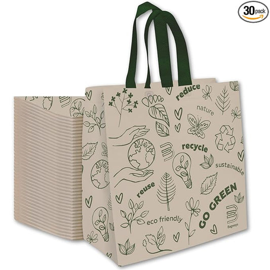 Bagways 30 PACK Reusable Grocery Bags with Handles, Durable, Foldable, Washable Eco-Friendly Shopping Totes, 14x6.5x14 Inch, Beige/Green Design