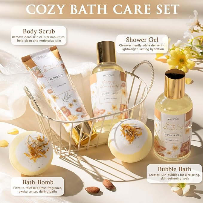 Christmas Birthday Gifts for Women, Honey & Almond Milk Relaxing Spa Gift Baskets for Women Self Care Package Bath Gift Set, Home Bath and Body Kit Pamper Gifts for Womens Mom Her Friends Sister Wife